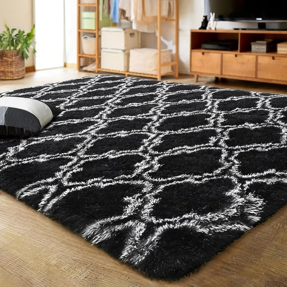 Softlife Fluffy Bedroom Rug Super Soft Velvet Shaggy Plush Carpets,Shag Moroccan Area Rugs for Kids Girls Living Room Bedroom,6' x 9',Black/White
