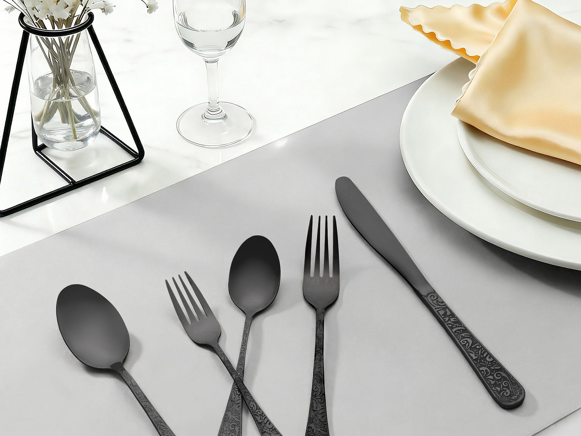 Unique Bargains 30 Pieces Stainless Steel Mirror Polished Cutlery Set for 6 Black