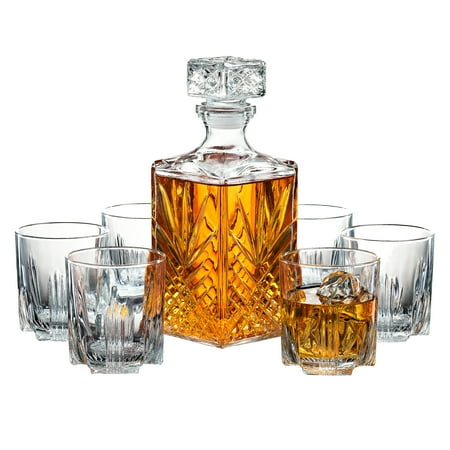 ShopoKus Italian Crafted 7-Piece Italian Crafted Glass Decanter & Whisky Glasses Set, Elegant Whiskey Decanter with Ornate Stopper and 6 Exquisite Cocktail