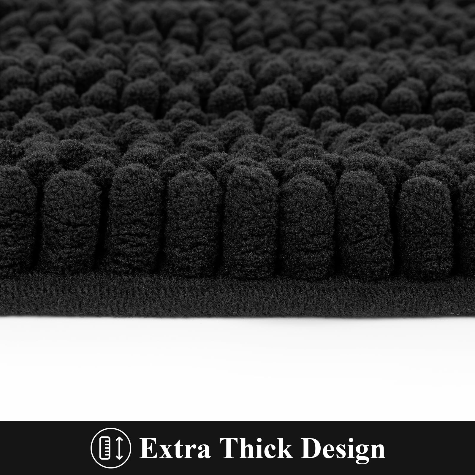 Ileading Ultra Soft Bathroom Rug Set 3 Pieces, Non Slip Thick Chenille Striped Bath Mat, Absorbent Plush Shaggy Bath Rugs for Bathroom, Black