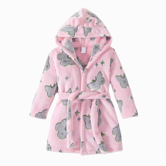 NIEWTR Kid's Baby Girl's Boys Flannel Robe Button Hooded Bathrobe Cartoon Print Toddler Cardigan Sleepwear for Fall Winter Soft Comfy Homewear(B-Light Pink,3-4 Years )
