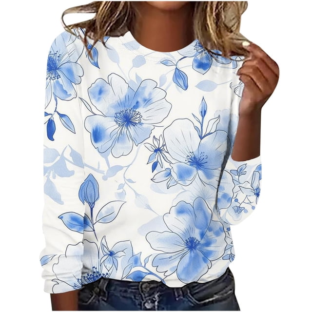 Jamicy Chandails en Molleton pour Femmes Mode Printemps 2025 Manches Longues Col Rond Imprimé Ample Décontracté Pull Tee Tops Vêtements d'Automne