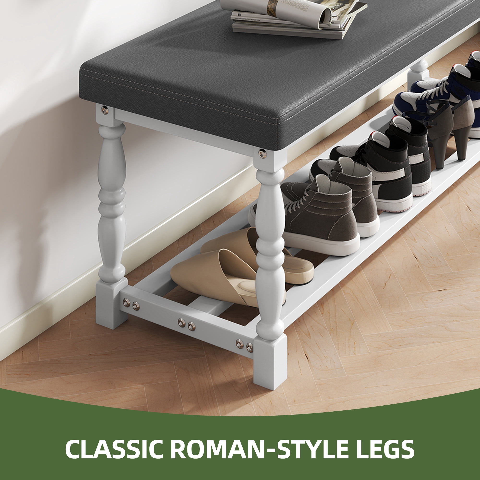 Uforic 48" Rectangular Shoe Bench with Shelves, Storage & Cushioned  Seat,Shoe Rack with Roman Style Legs - White & Gray