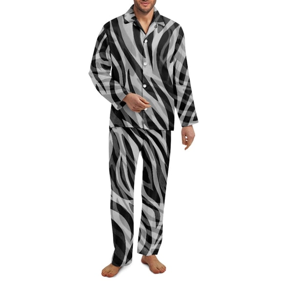 Yuyamidu 2 Pack Zebra Stripe V Neck Pajamas Button Down Night Shits for Men Sleepwear Pants Set of 2 Home Loungewear Size 2XL Fashion Long Sleeve Louge Wear, Gray