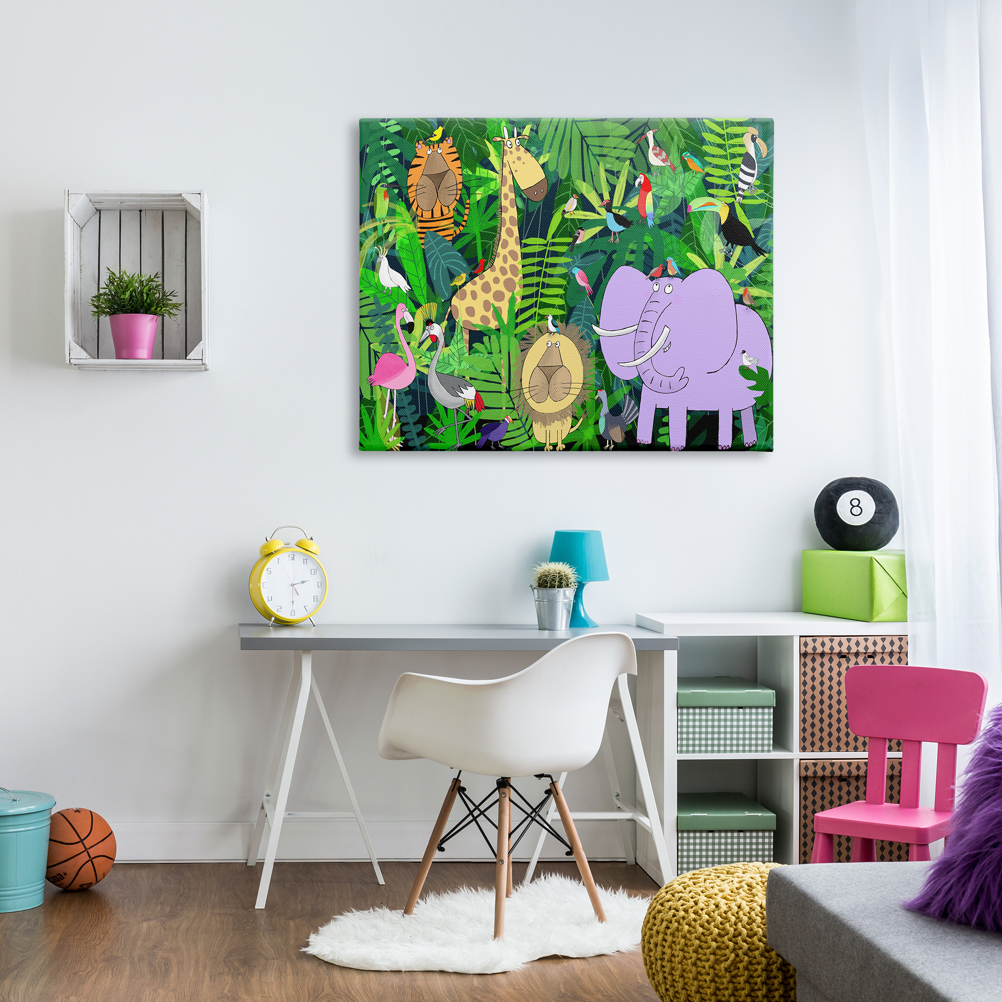 Stupell Industries Playful Safari Animals in Green Jungle Illustration Animals & Insects Painting Gallery Wrapped Canvas Print Wall Art, 36 x 48
