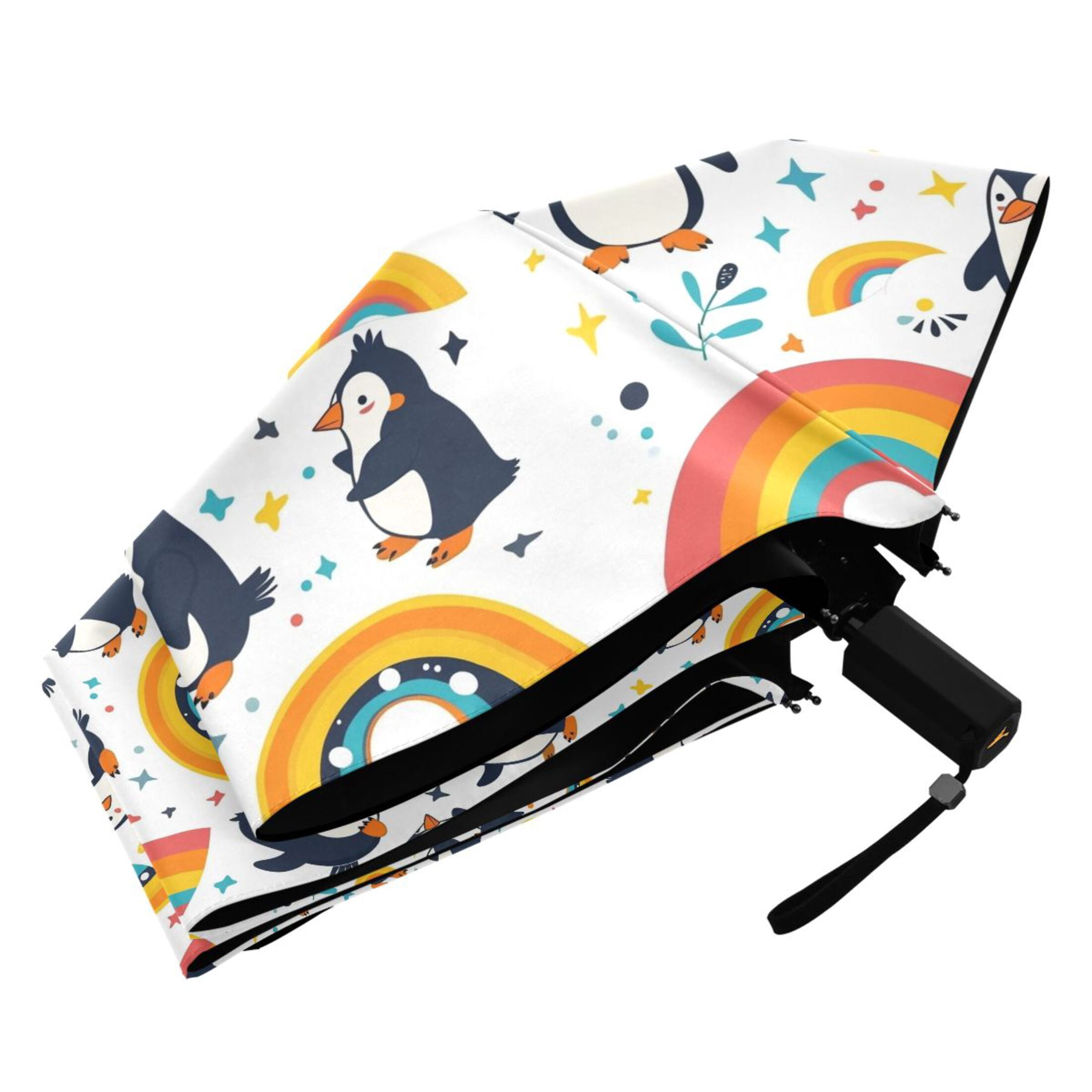 Cartoon Penguins and Rainbow Compact Sun Umbrella Windproof Travel Umbrellas for Rain Strong Portable UV Protection