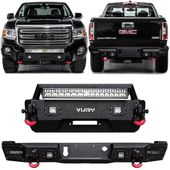 Vijay Compatible with 2015-2016-2017-2018-2019-2020 GMC Canyon Front and Rear Bumper Textured Black Steel with 7xLights and 4xD-rings
