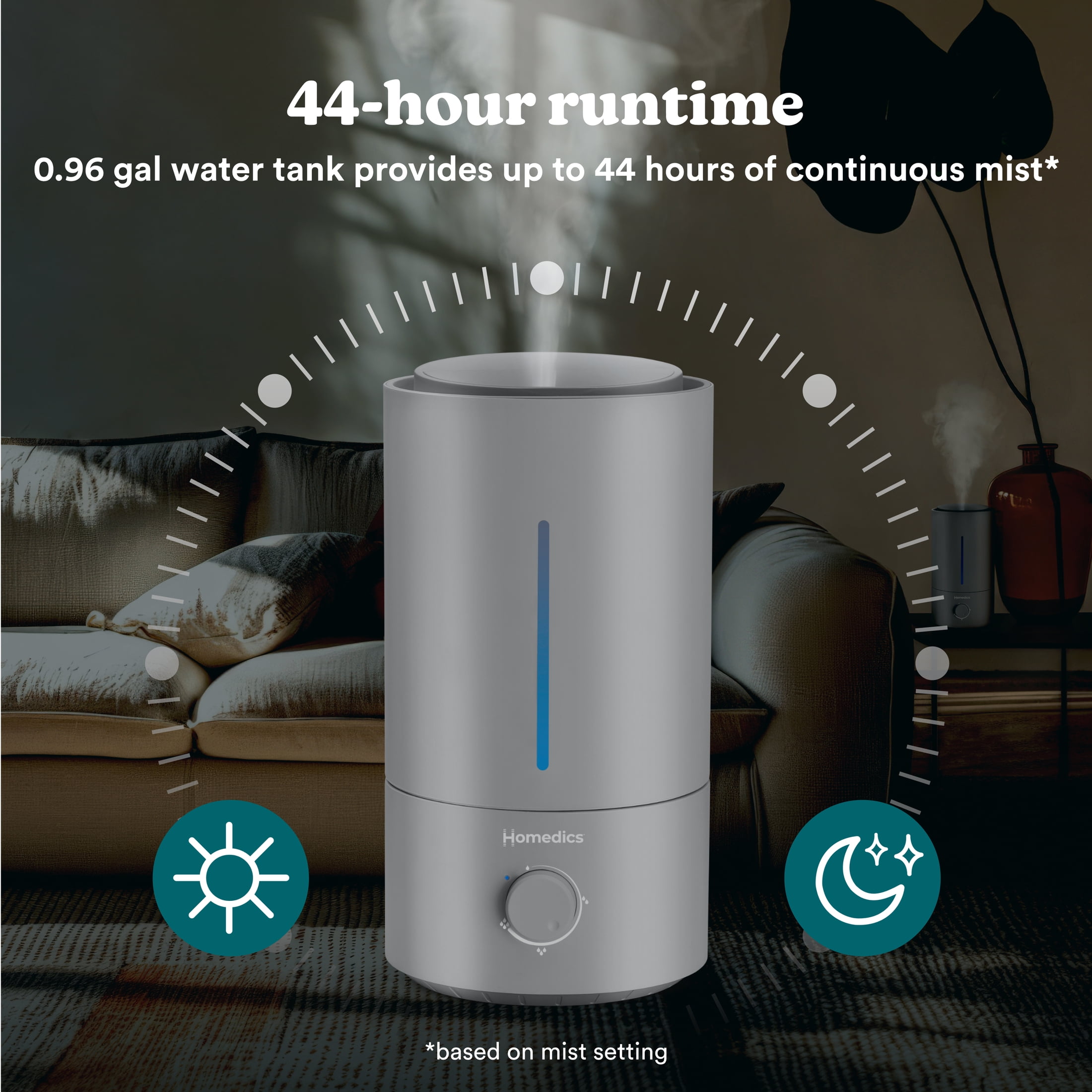 Homedics Ultrasonic Humidifier, Cool Mist, Easy Top Fill with up to 44 Hour Run Time, .96 Gallon, Gray