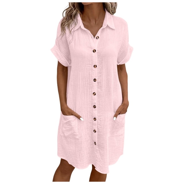 Vestido informal de mujer de color liso con botones y largo medio - Vestido camisero holgado de manga corta