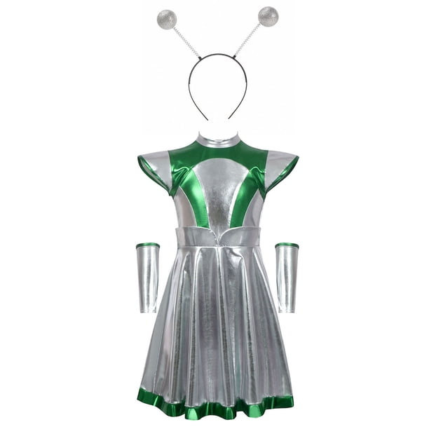 Vestido de cuello redondo y manga corta para niña, vestido de extraterrestre, vestido de chica espacial, vestido de baile metálico, diadema, vestidos de astronauta espacial, disfraz de carnaval, vesti