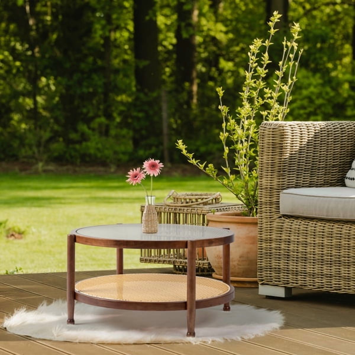 31.5" Rattan Coffee Table - Round Tempered Glass Top , Hand-Woven Rattan Shelf, Rubberwood Frame, Indoor/Outdoor Use for Living Room, Patio, Bedroom, Balcony