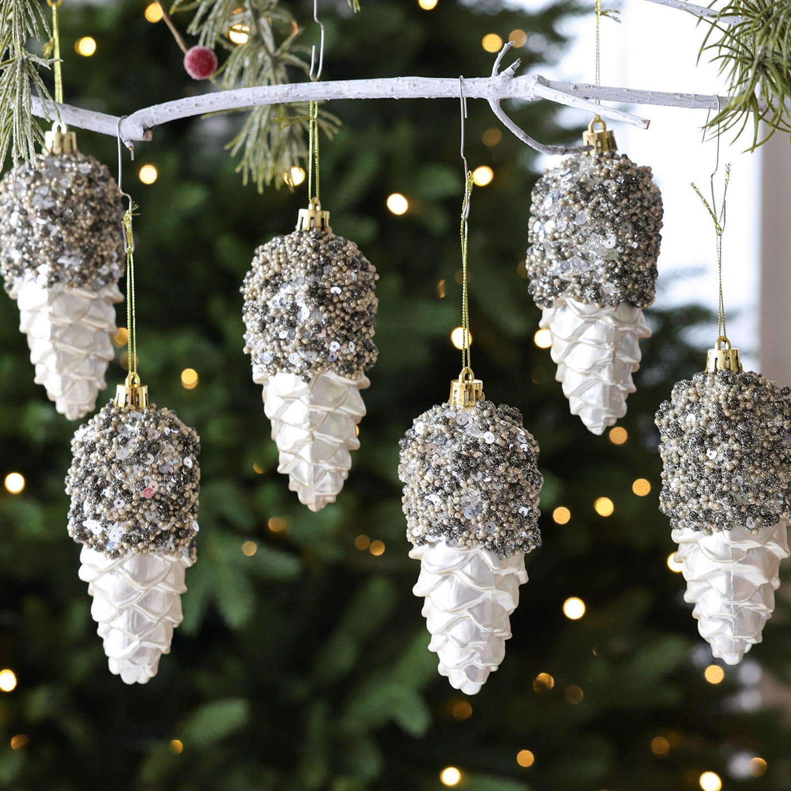 8 PCS Christmas Tree Decorations Hanging Pinecone Ornament,Fall Hanging Glitter Pine Cone Balls,Vintage Small Mini Christmas Baubles Ornaments for Thanksgiving Xmas Tree DIY Crafts
