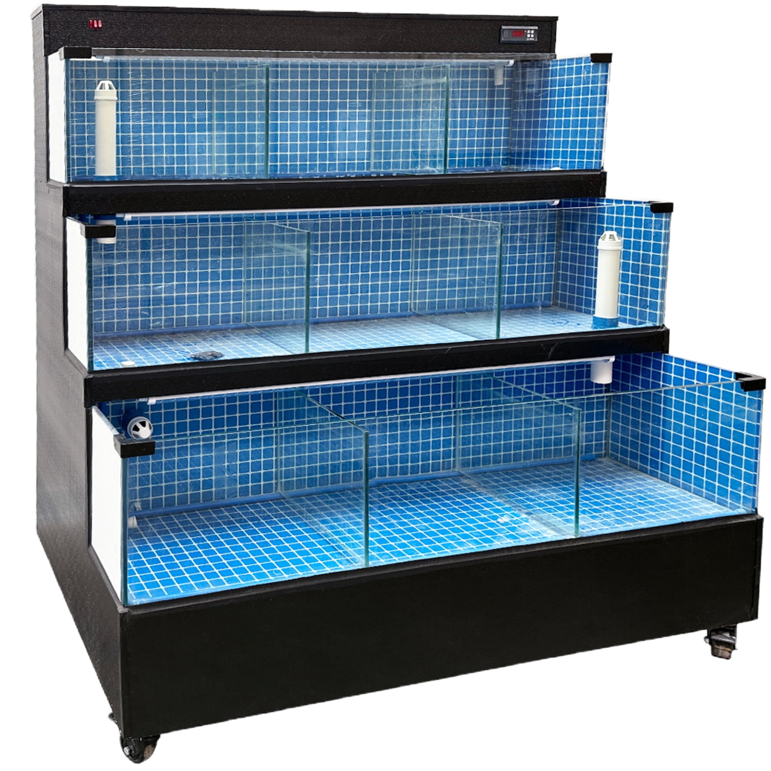 60" Commercial Lobster Seafood Tank, 3-Tier Sea Water Display Aquarium, Live Fish Holding System with Smart Filtration, Blue Mosaic Interior, 220V