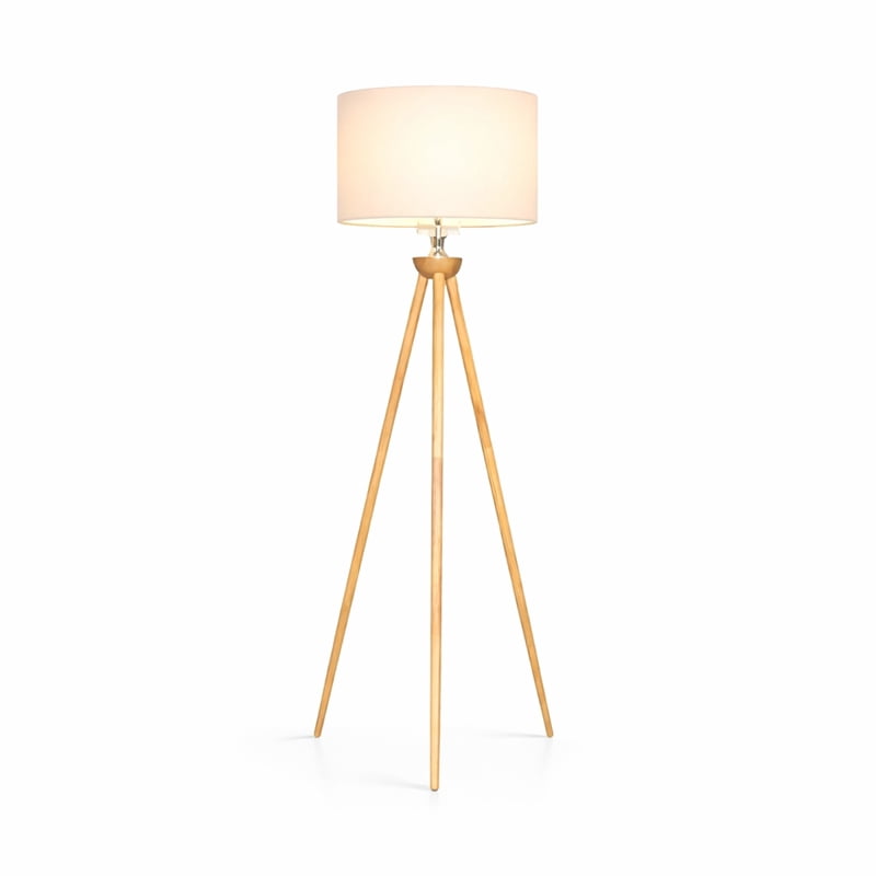 Lara Tripod Floor Lamp with Natural Wood Base and Beige Linen Shade