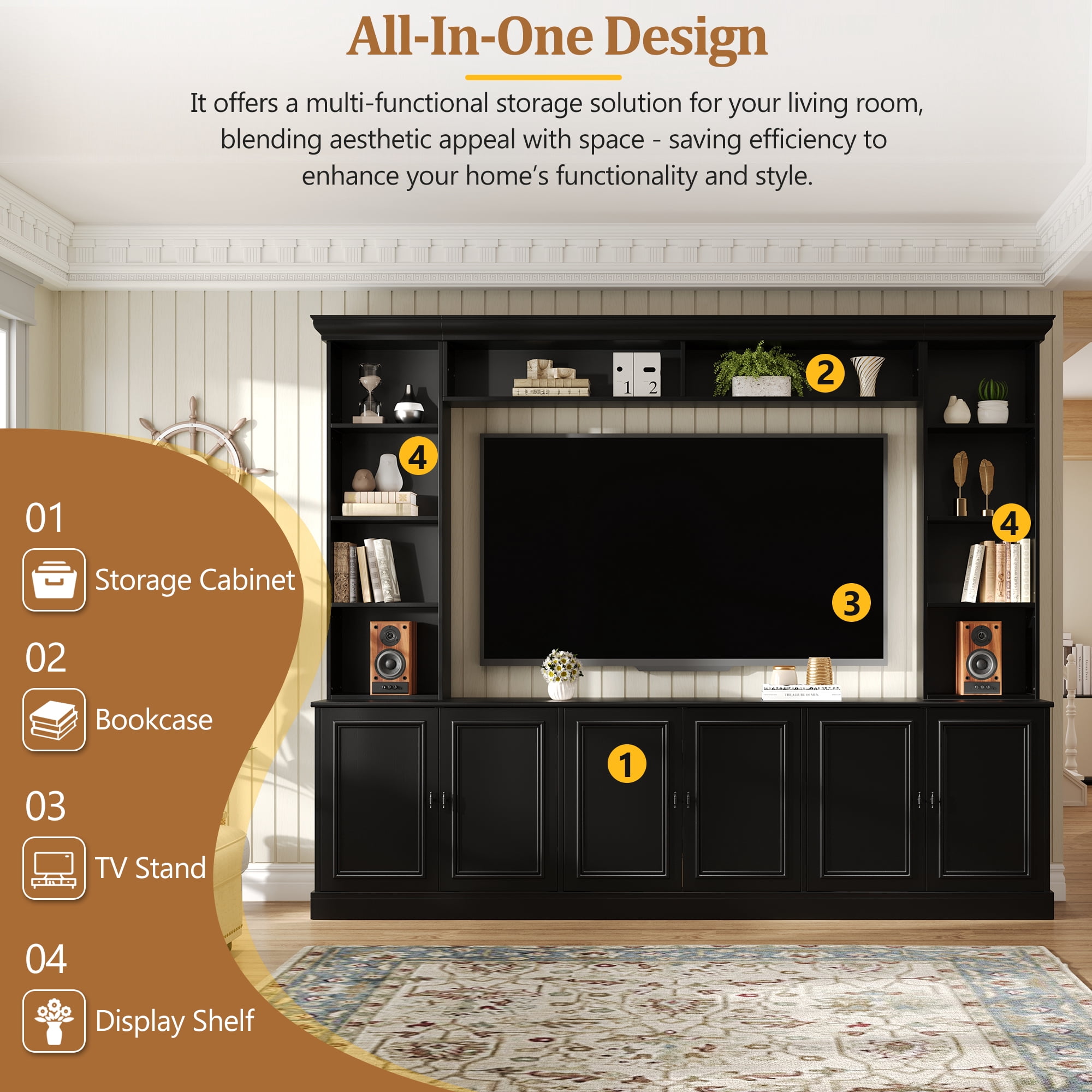EUROCO 97.4"W Elegant 4-Piece Wall Unit Entertainment Center with Bookshelf for TVs Up to 70", Versatile TV Stand with Adjustable Shelf, Mid-Century Media Console for Living Room