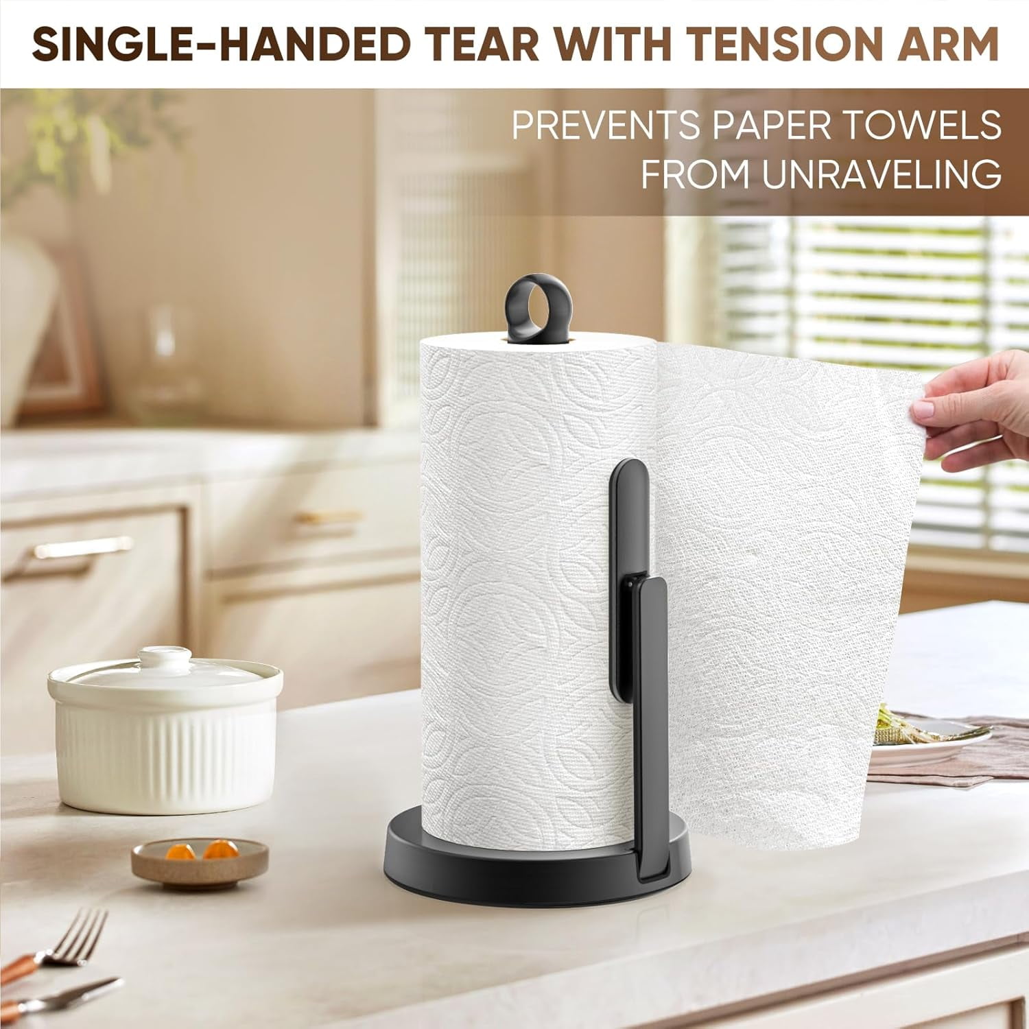 Heavy-Duty Stainless Steel Paper Towel Holder with Tension Arm – Easy One-Handed Tear, Modern Standing Countertop Dispenser for Kitchen, Holds All Paper Towel Rolls (1, Black)