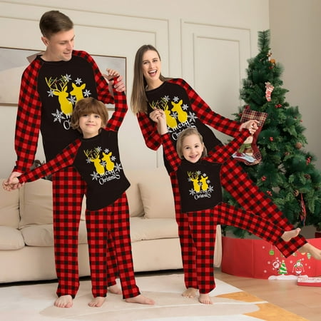 

LINMOUA Ladies Christmas Parent-Child Suit Round Neck Long Sleeve Plaid Christmas Homewear Suit Red