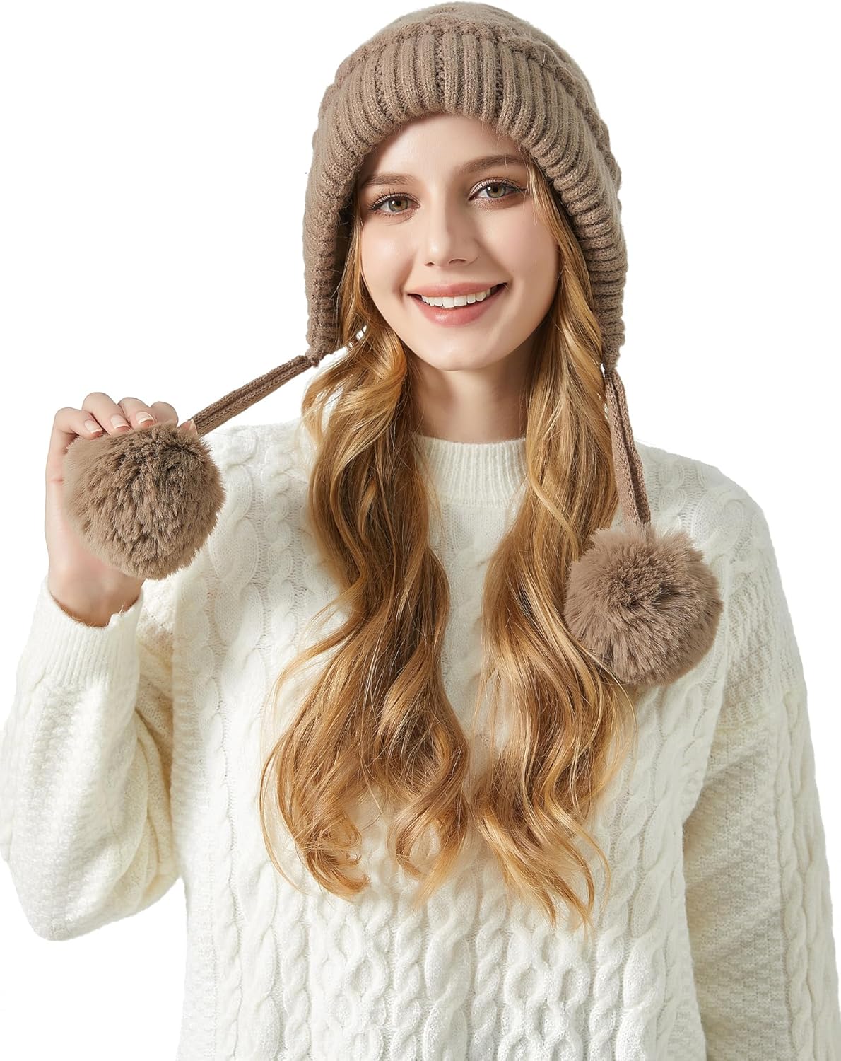 Zhengup XL Size Women Winter Sherpa Beanie Hats Knit Ear Flaps Peruvian Cover Ears Fleece Lined Fluffy Ski Snow Hat Large Head