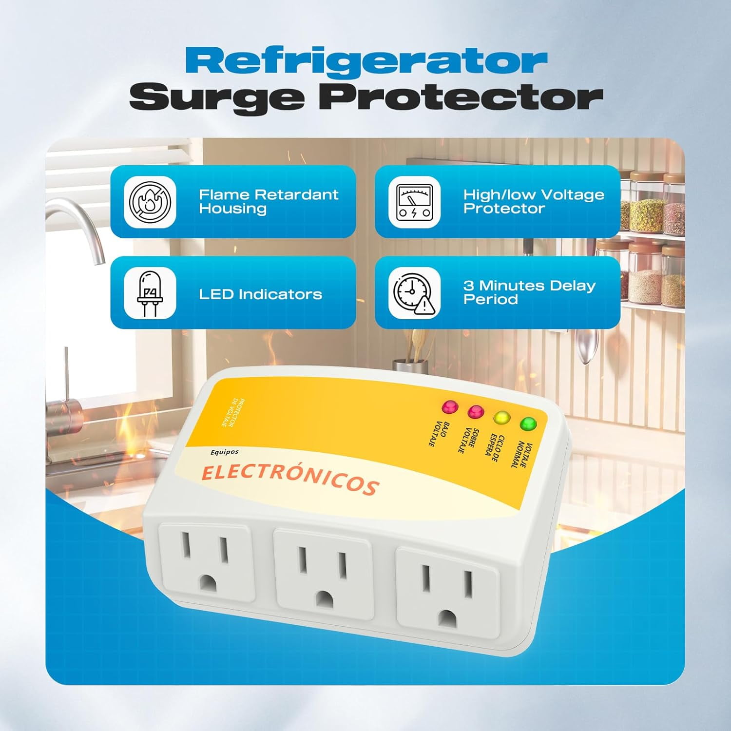RGHJAR-Refrigerator Surge Protector, 3 Outlet Voltage Protector Home Appliances 120V 12A Voltage Brownouts Plug Outlet for Fridge TV Air Conditioners Surge Protector 1440 Watts -1 Pack