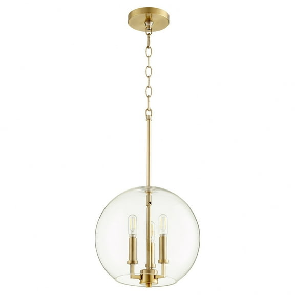 873-3-80 Quorum Lighting 3 Light Globe Pendant in Crystal style - 12 inches wide by 14 inches high-Aged Brass Finish    -Traditional Installation