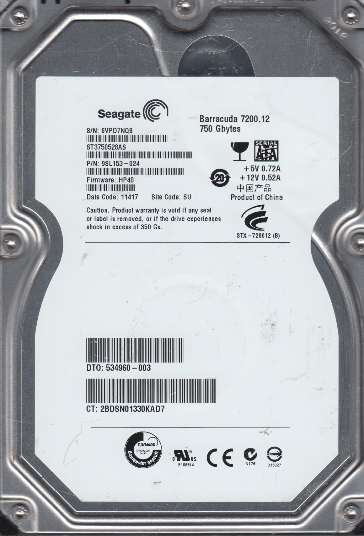 SU 6VP ST3750528AS Seagate 750GB SATA 3.5 Hard Drive PN 9SL153-024 FW HP40 