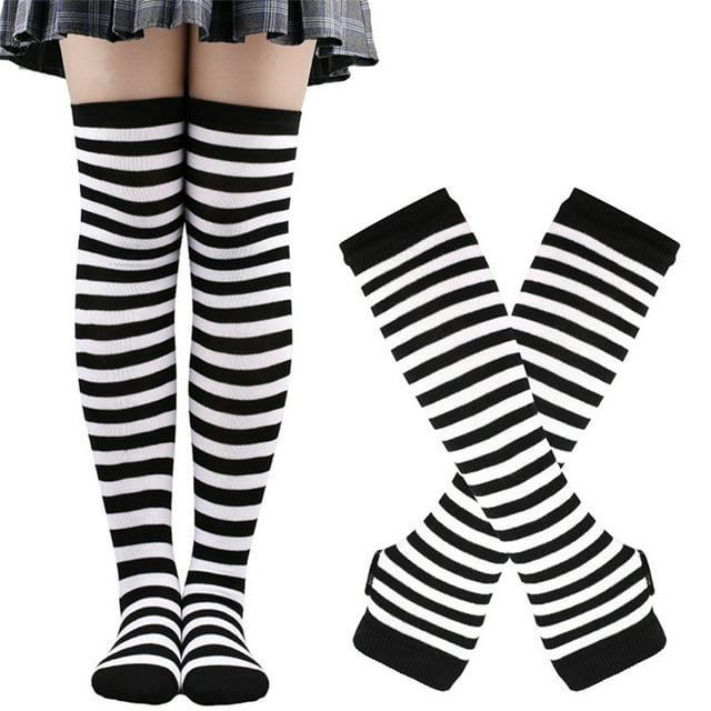 Unatoiry Thick Thighs Long Socks With Long Gloves Set Made With Polyester Comfortable To Wear Easy To Match Wide Application white and black 1Set