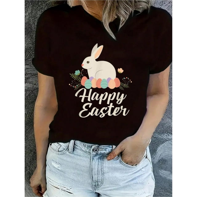 Happy Easter Bunny Easter Outfit Egg Nest Flower Rabbit T-Shirt, Women's Clothing Tee For Adult, Men, Women, Teen, Teenager, Adolescent, Youth.