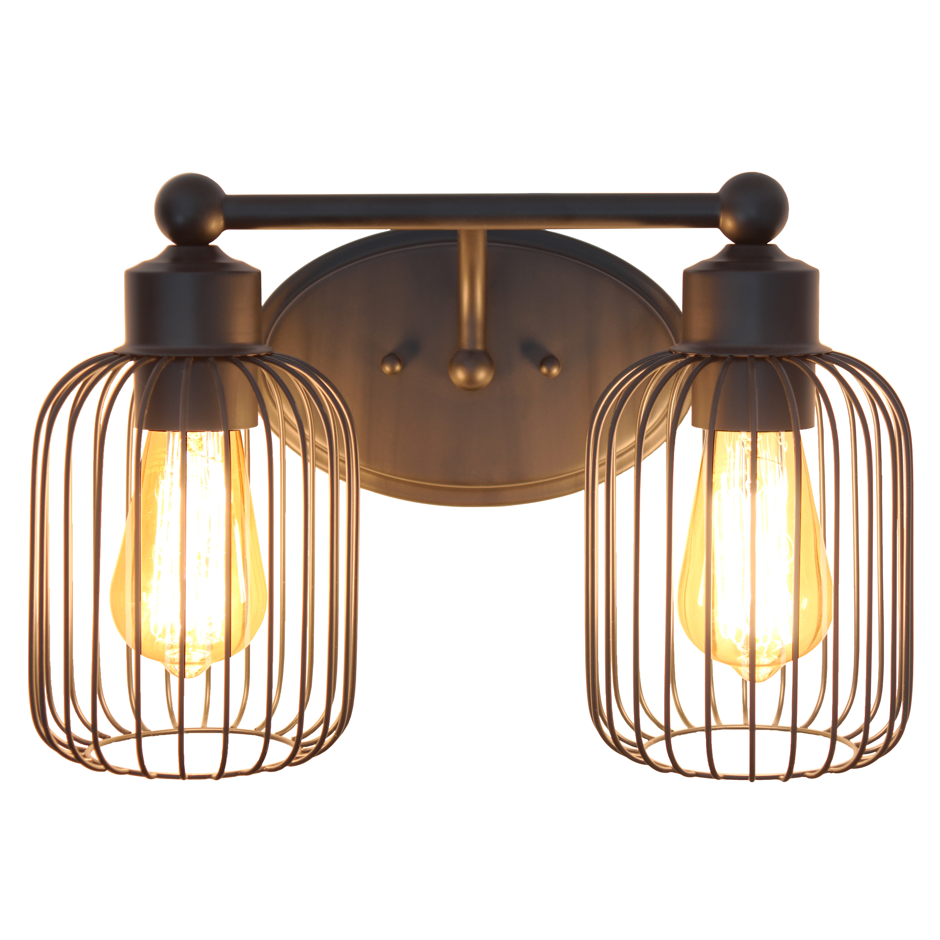 Elegant Designs 14" Industrial Farmhouse 2 Light Metal Birdcage Decorative Wall Mounted Vanity Fixture with Matching Metal Oval Backplate For Bathroom, Entryway, Hallway, Vanity, Black