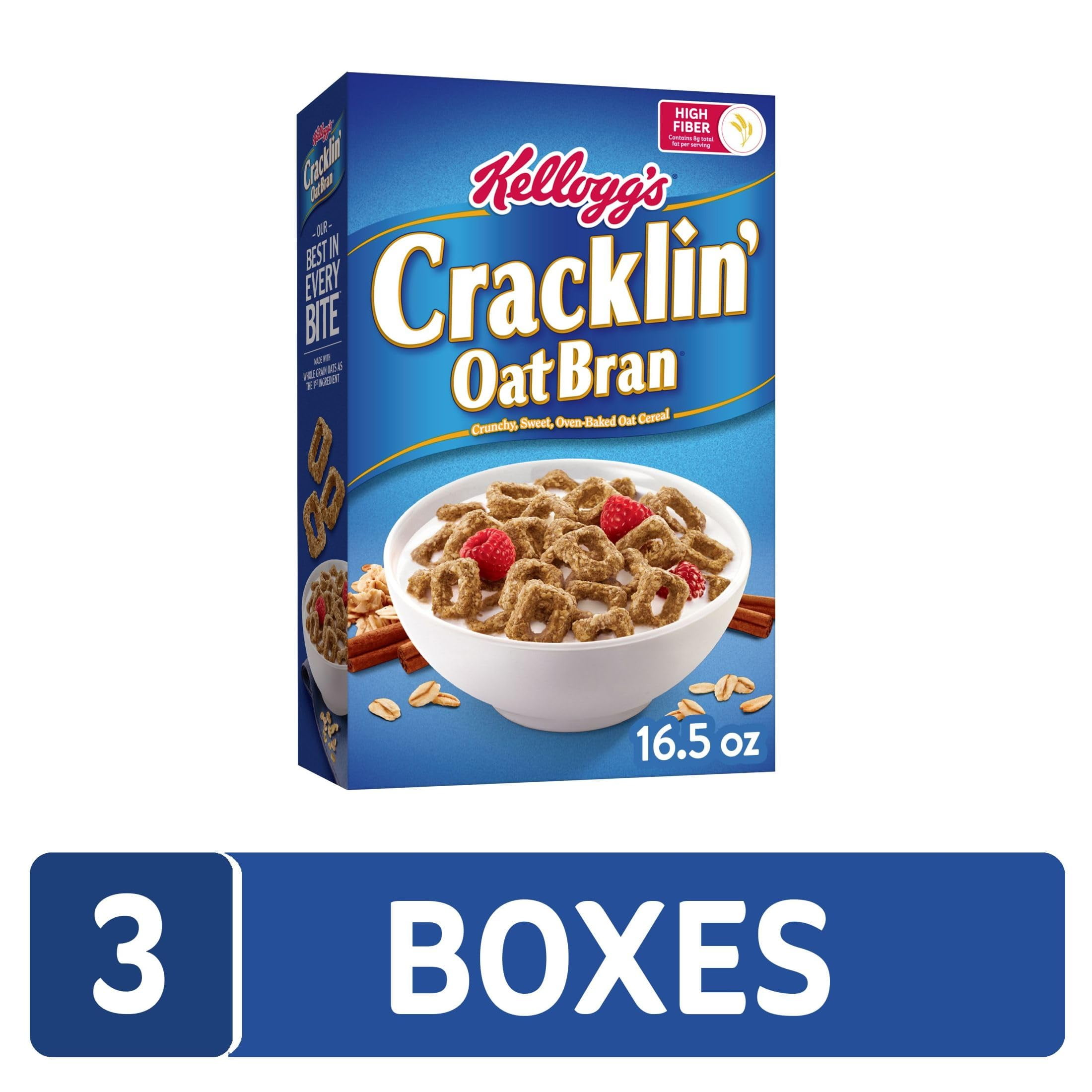 Kellogg's Cracklin' Oat Bran RRF12 Breakfast Cereal, Fiber Cereal, Family Cereal, Original (3 Boxes)