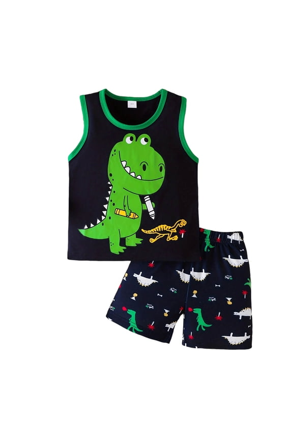 Boys Summer Outfits Size 3-4Y Crew Sleeveless Cartoon Dino Top with Shorts Kids Summer Comfort Sleeveless Set Boys Clothes
