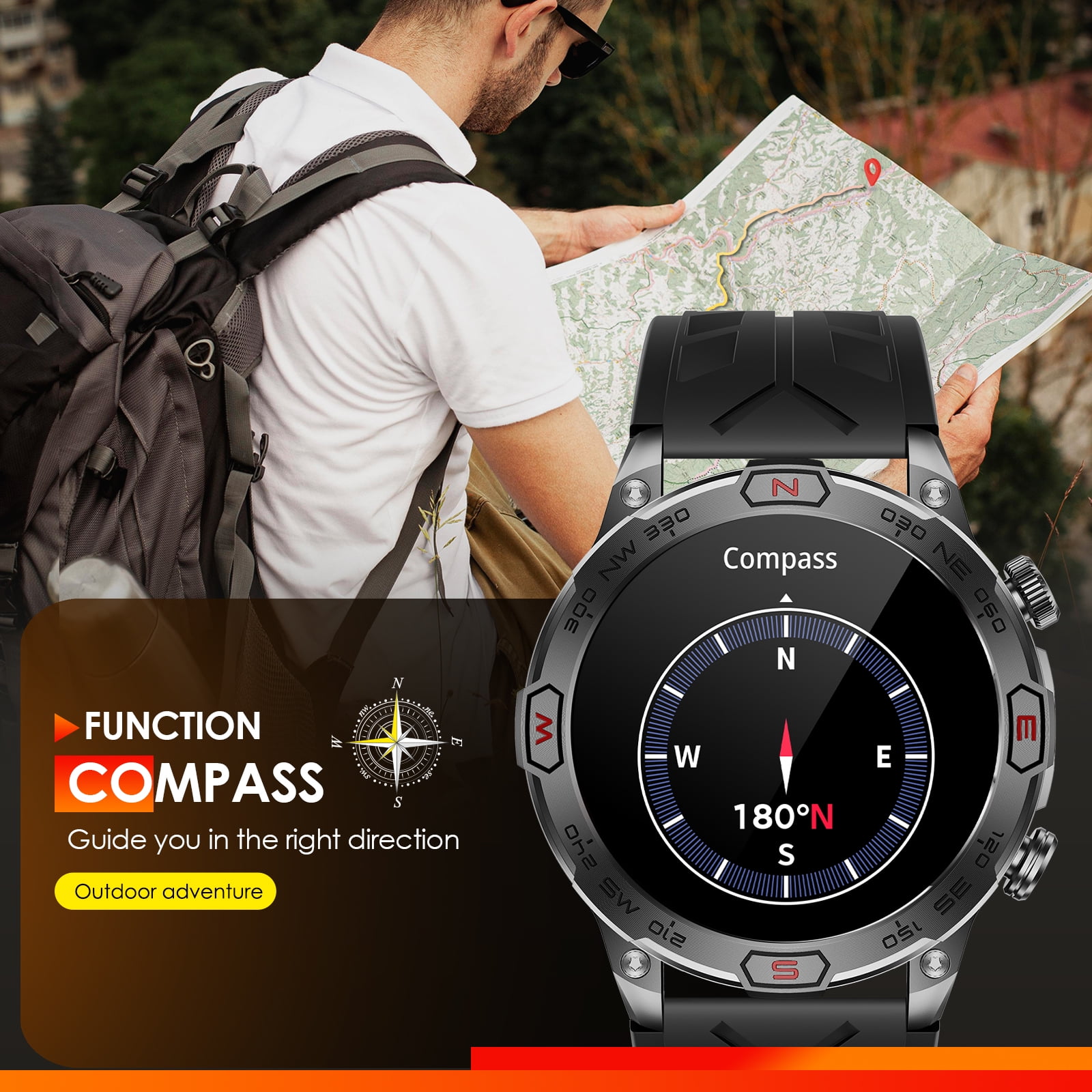 XAXRE Military Smartwatches for Men(Answer/Make Call), 1.43'' AMOLED Touch Screen Rugged Smartwatch with LED Flashlight Compass Altitude, 1ATM Waterproof Outdoor Sport Smart Watch for Android iOS