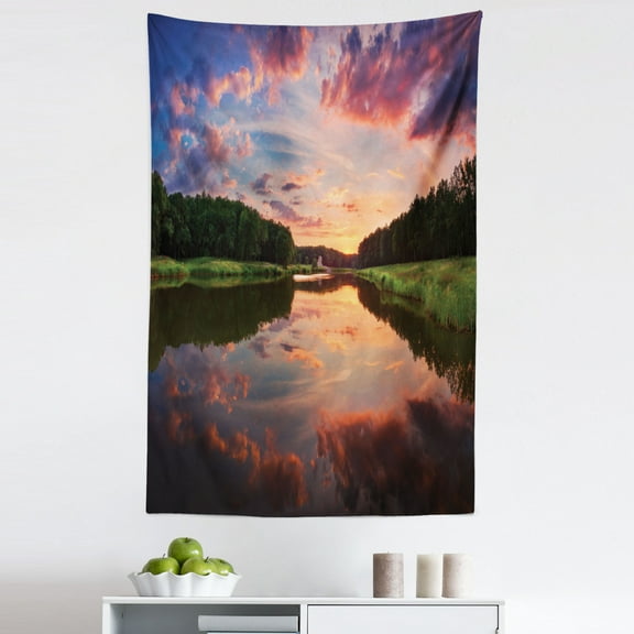 Forest Tapestry, Forest Park in Ukraine Scenic Panorama with Water Reflection Picture Print, Fabric Wall Hanging Decor for Bedroom Living Room Dorm, 5 Sizes, Coral Green Blue, by Ambesonne