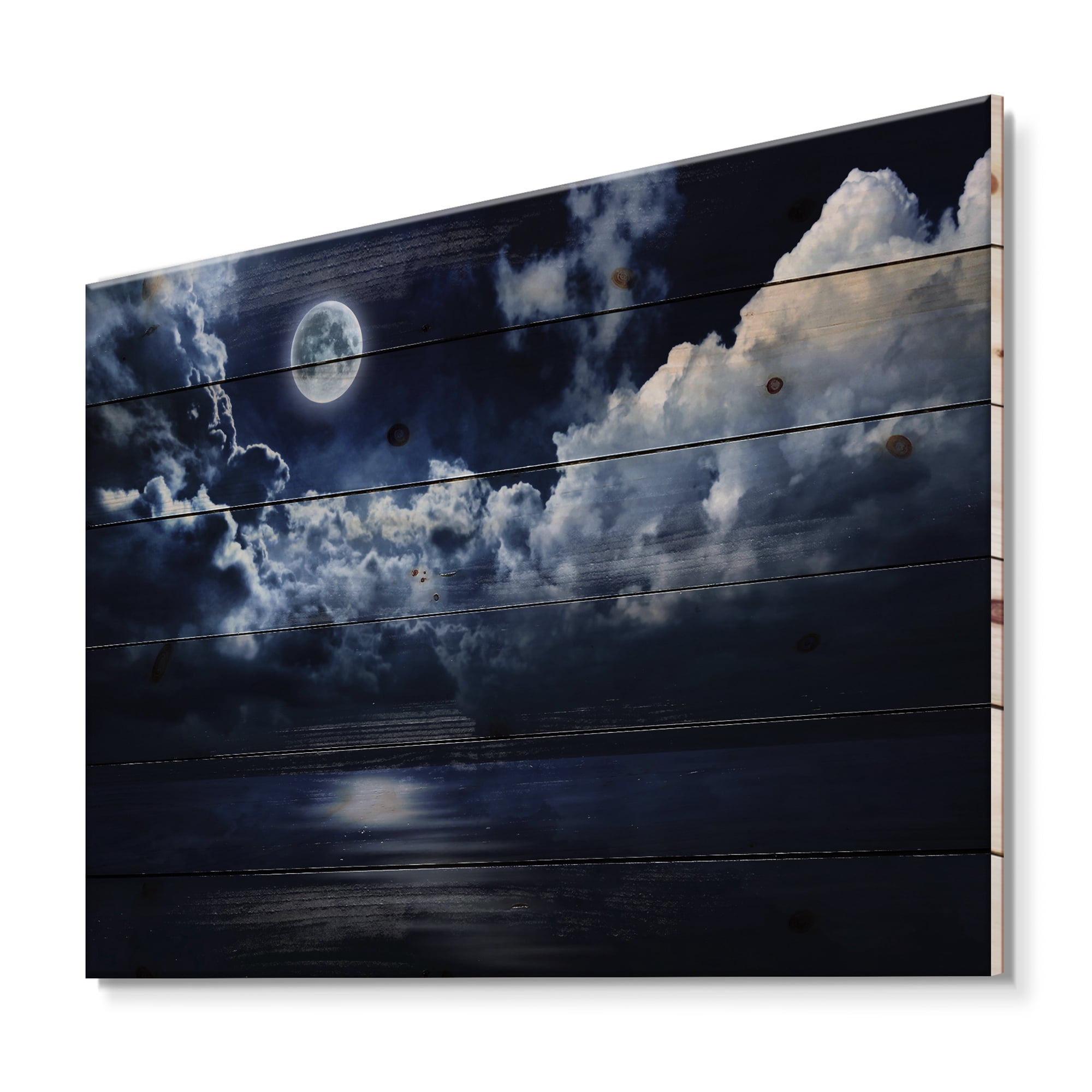 Designart 'Full Moon Night in Cloudy Sky' Modern Print on Natural Pine Wood