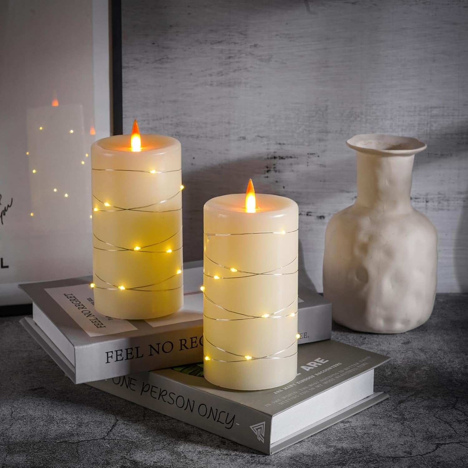 ZM Rechargeable Flameless Candles, LED Candles, Candles with Remote and Timers, Real Wax Pillar Candles, with Flickering Embedded Star String，Ivory White, Set of 2