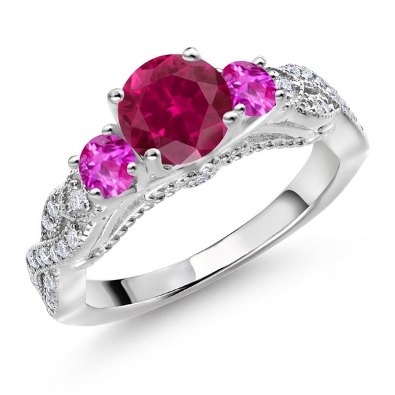 Gem Stone King 925 Sterling Silver Red Created Ruby Pink Sapphire and White Moissanite Engagement Ring for Women (1.53 Cttw, Gemstone July Birthstone, Round 6MM and 3MM, Size 6)