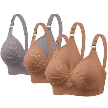 3 Pack Womens Push up Bras Full Figure Plus Size Bras Bralettes No Underwire Everyday Bra Wireless High Support Sports Bras Woman s Rhinestone Printing Gathered Together Bra Gray S