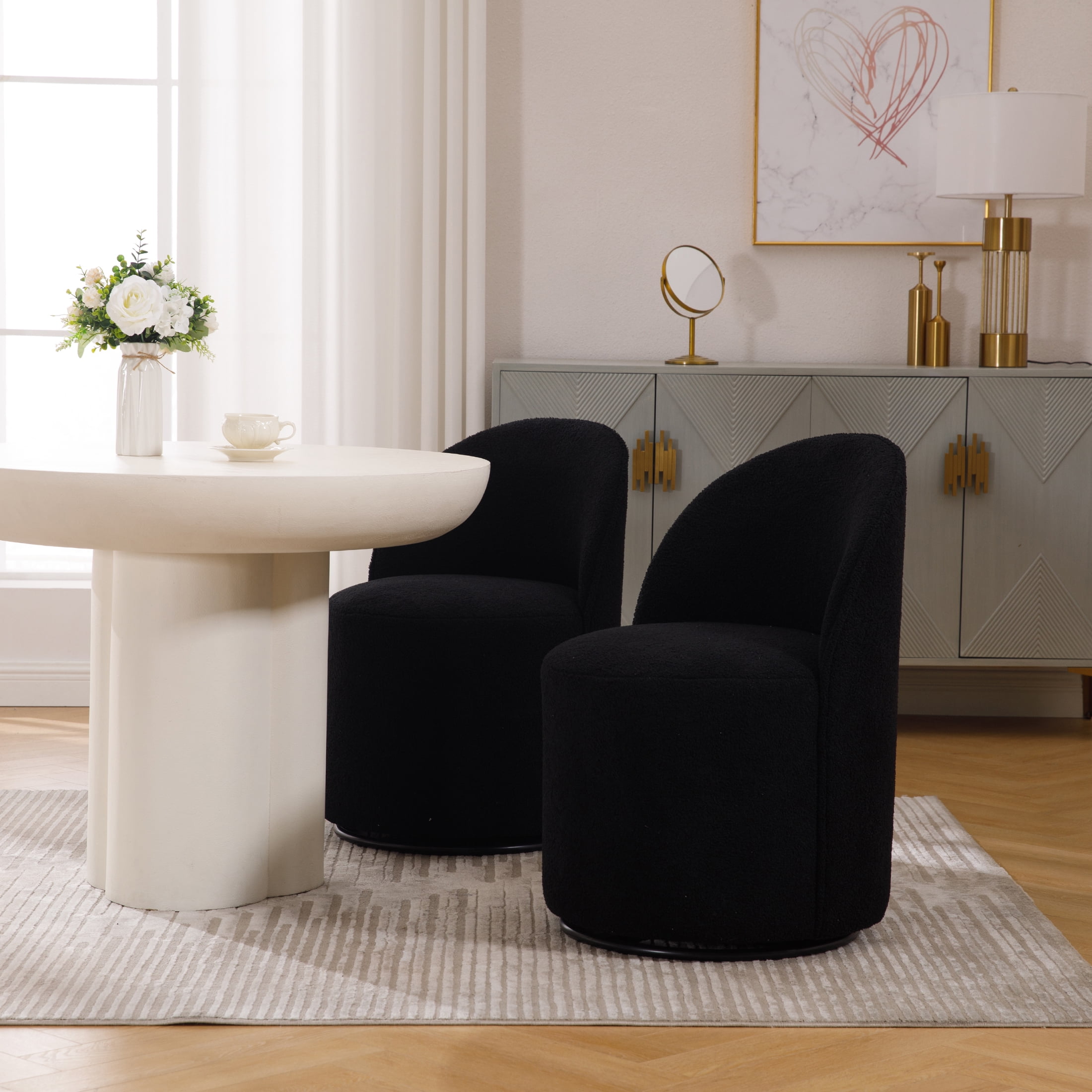 Guyou 360° Swivel Barrel Dining Chair Set of 1, Mid-Century Modern Upholstered Barrel Accent Chair, Sherpa Round Vanity Chair for Dining Room Living Room Bedroom, Black