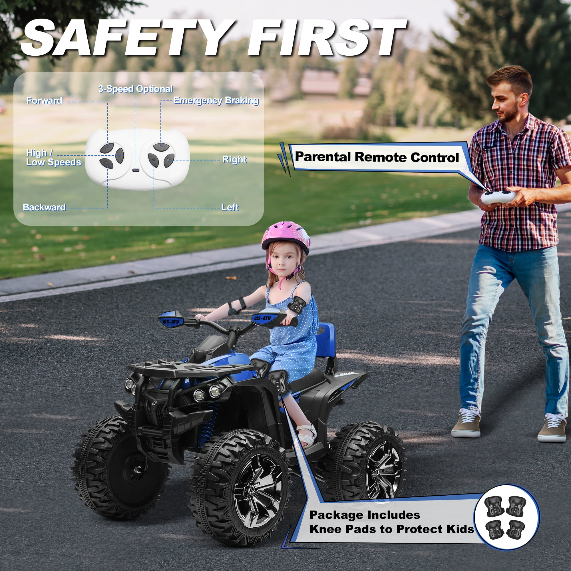 800W Dirt Quad w/ Remote Control - 24V Powered Ride on ATV, Electric Powerful 4-Wheeler for Big Kids, Up to 5.5 mph, Knee Pads, Blue