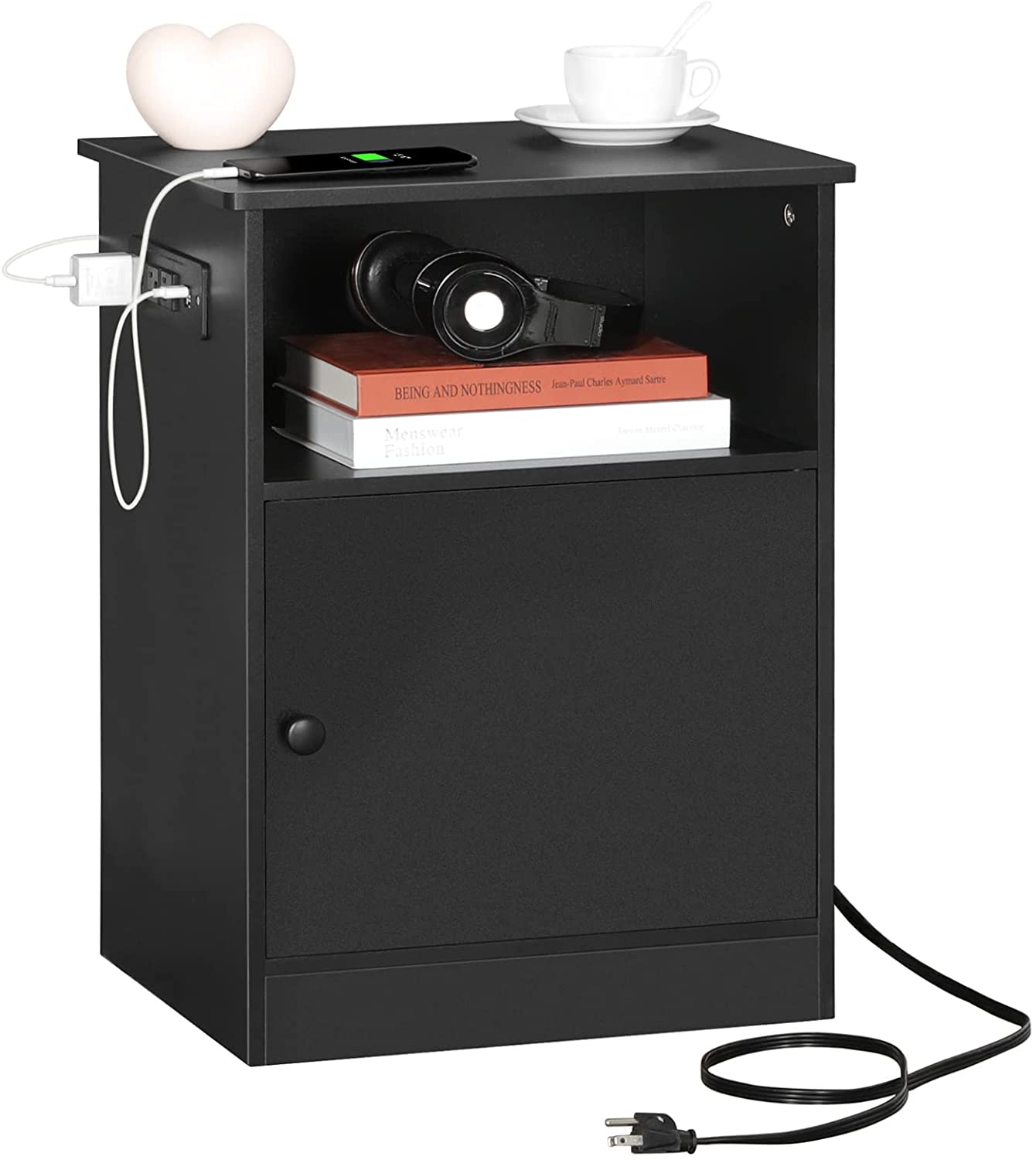 EPHEX Nightstand with Charging Station and Bedside Table for