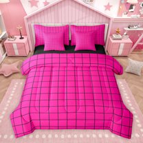 Homewish Vintage Rectangle Plaid Bedding Comforter Set 7 Pieces, Stripes Ombre Full Bedding Set, Hot Pink Abstract Artwork Reversible Fitted Sheet Flat Sheet, Ultra Soft Bedroom Decor