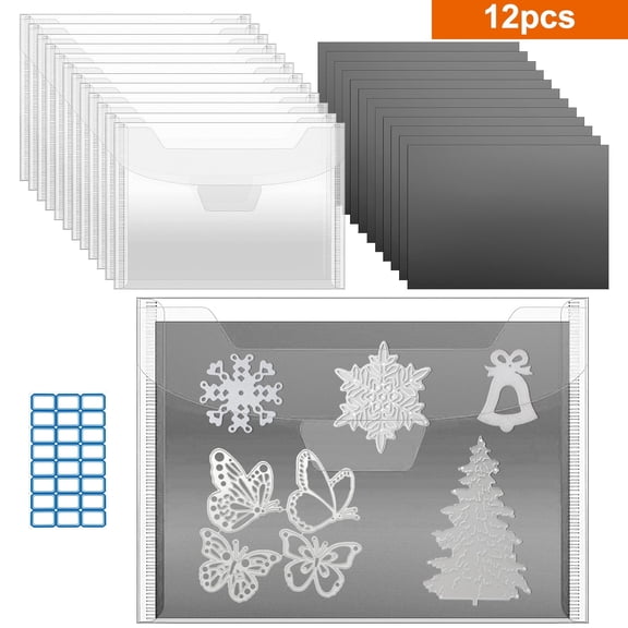 12Pcs Stamp and Die Storage Bag with Rubber Magnetic Sheets, TSV 7.5x5.5'' Clear Resealable Plastic Seal Bags Storage Pocket Stencil Envelope Case for DIY Scrapbooking Die Cutting