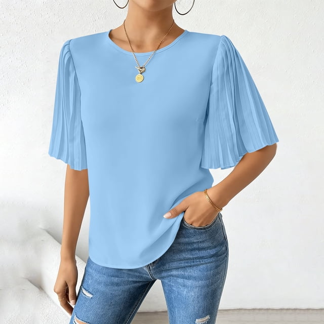 TaTaai 2026 Spring Summer Solid Color Chiffon Top for Women Round Neck Back Button Pleated Flared Sleeve Five-Quarter Sleeve Casual Blouse Soft Comfy Vacation Gift