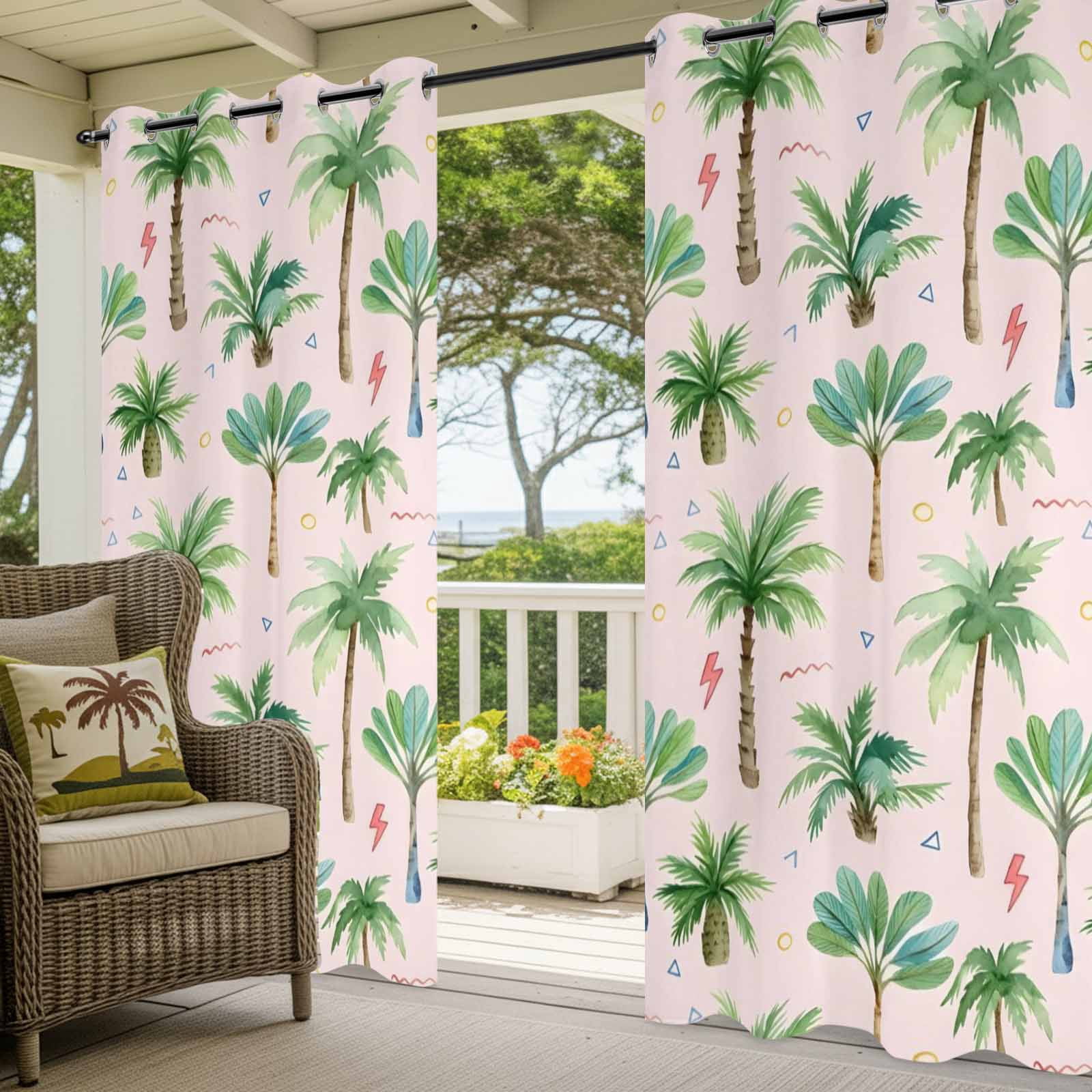 Tropical Palm Tree Outdoor Curtains for Patio, Lightning Summer Forest Pink Boho Sunshade Privacy Drapes Grommet Waterproof Outside Curtains for Porch/Cabana/Balcony 54"x 108", 1 Panel
