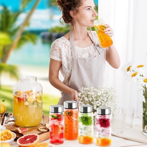 Juice Bottles 4 Pack 16 oz，Reusable Glass Bottles with Lids，Stainless Steel Lids Water Bottle for Juicing, Smoothies, Water, Leakproof, BPA Free