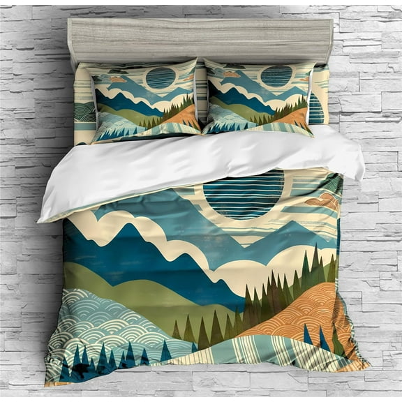 REALIN Mountain Forest Natural Scenery Duvet Cover Set Mountain Sunset Bedding Girl Boy Kids Bed Sets 2/3/4PCS Quilt Covers/Sheets/Pillow Shams,Twin/Full/Queen/King