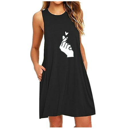 

asdoklhq Maternity Dress Fashion Womens Pocket Printing Sleeveless Casual Nightdress Dresses