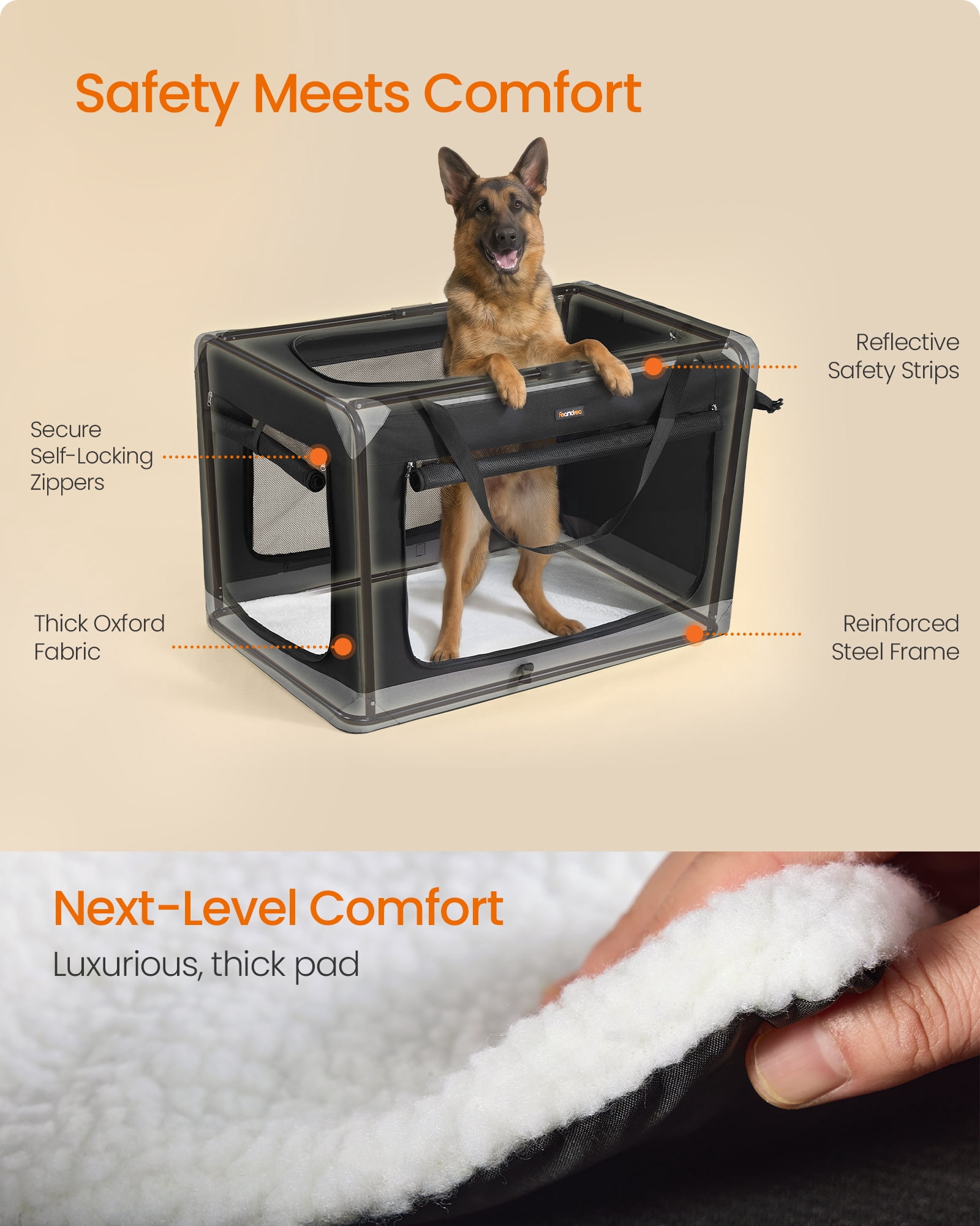 Feandrea Collapsible Dog Crate, Portable Oxford Fabric Pet Travel Crate with 4 Mesh Doors, Handles, Pockets, 42 Inches, for Large Dogs, Ink Black and Dove Gray