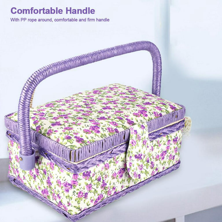 Tebru Craft Handmade Sewing Basket Sewing Box Organizer Thread Needle Double-Layer Sewing Storage Box with Handle, Purple Flower Printed