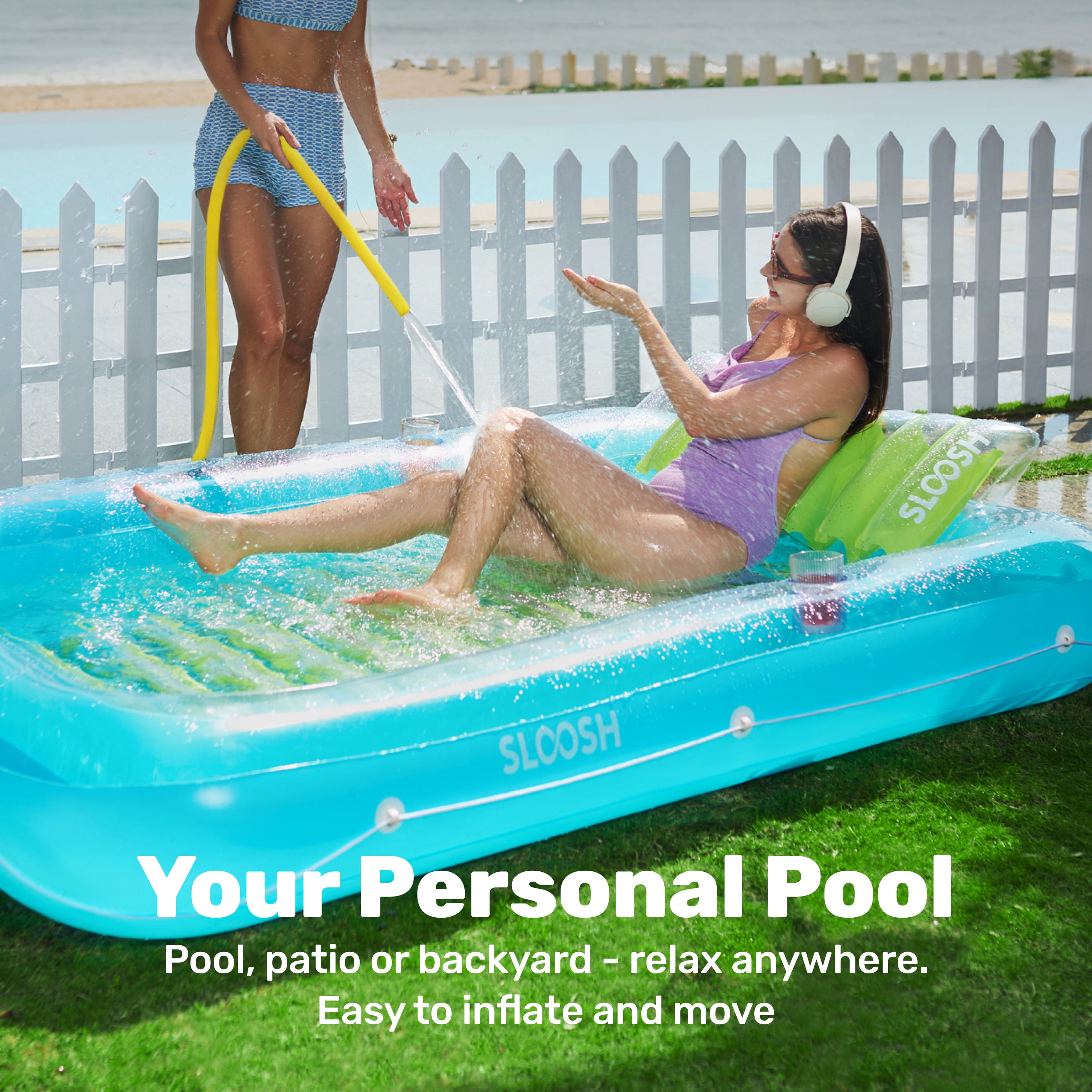 SLOOSH Inflatable Tanning Pool Lounger Float, 85" x 57" Extra Large Suntan Sun Tan tub for Adults, Tanning chair, Bed Blow up, Raft Lounge Floatie,XL-Blue Green