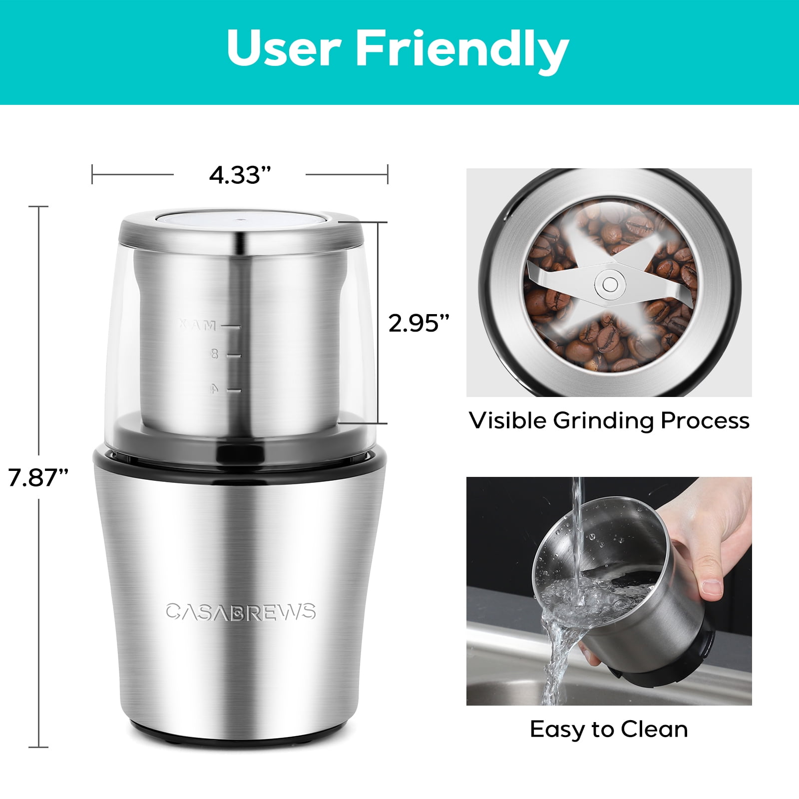 CASABREWS Electric Coffee Grinder, 200W Motor, Coffee Bean & Spice Grinder